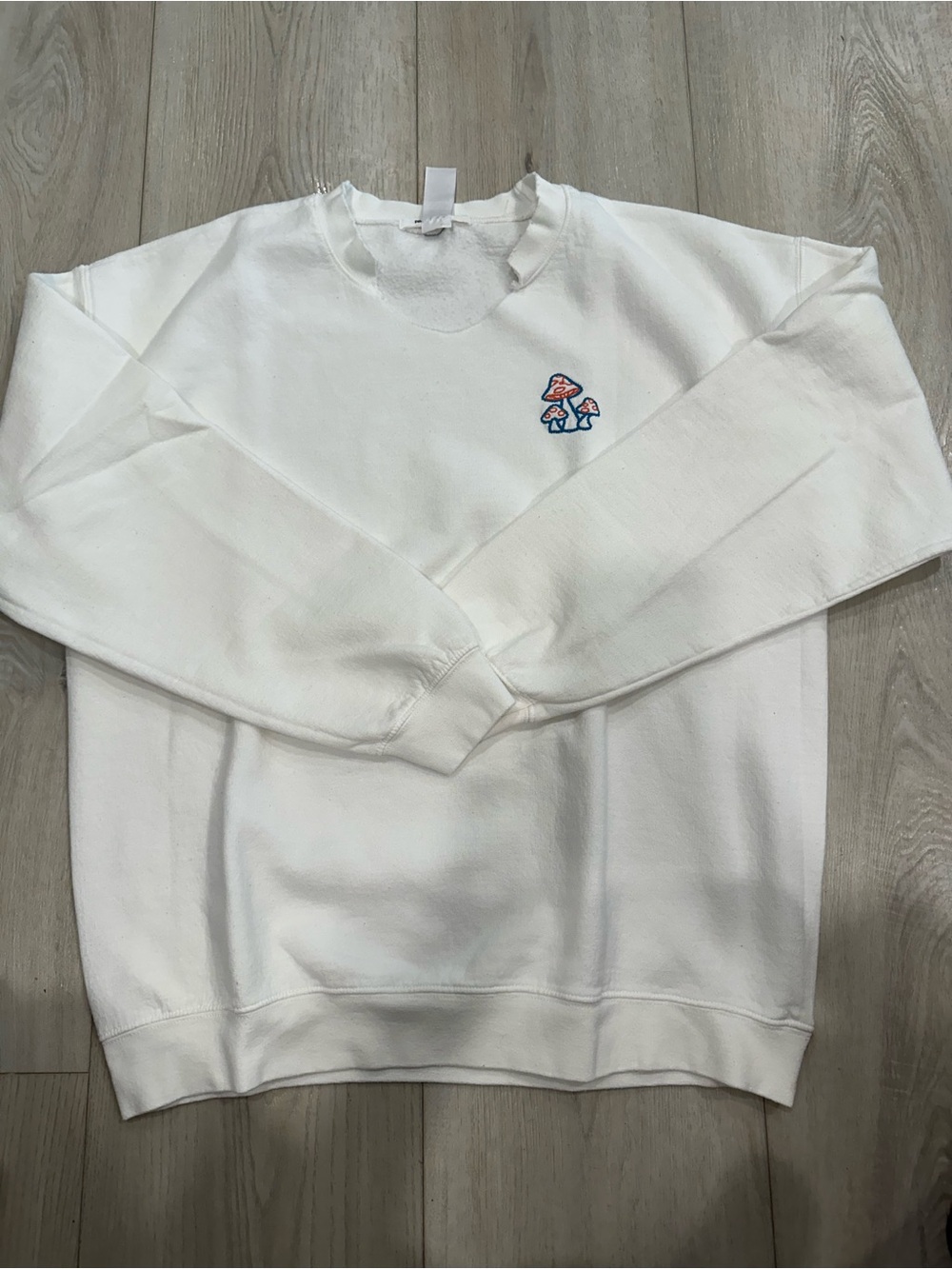 Project Social T White Mushroom Embroidered Fleece Crewneck Sweatshirt S/M